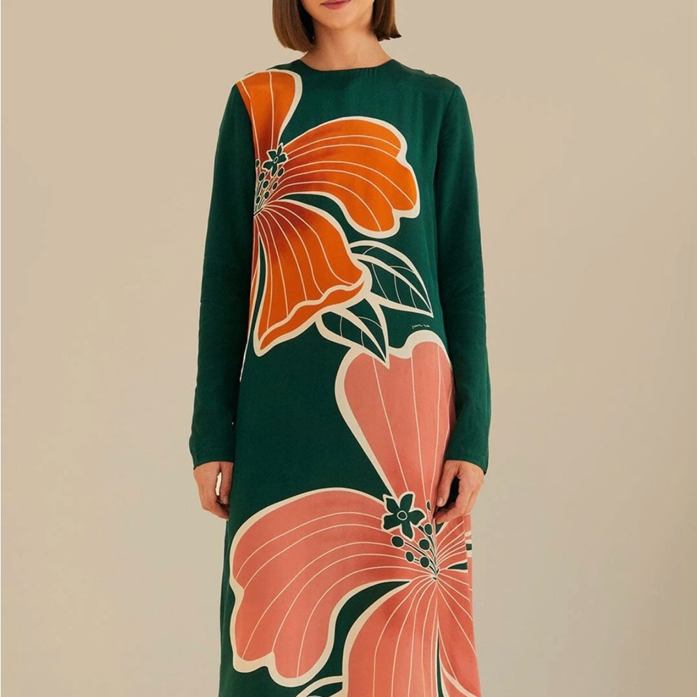 FARM Rio Green and Orange Floral Long Sleeve Dress
